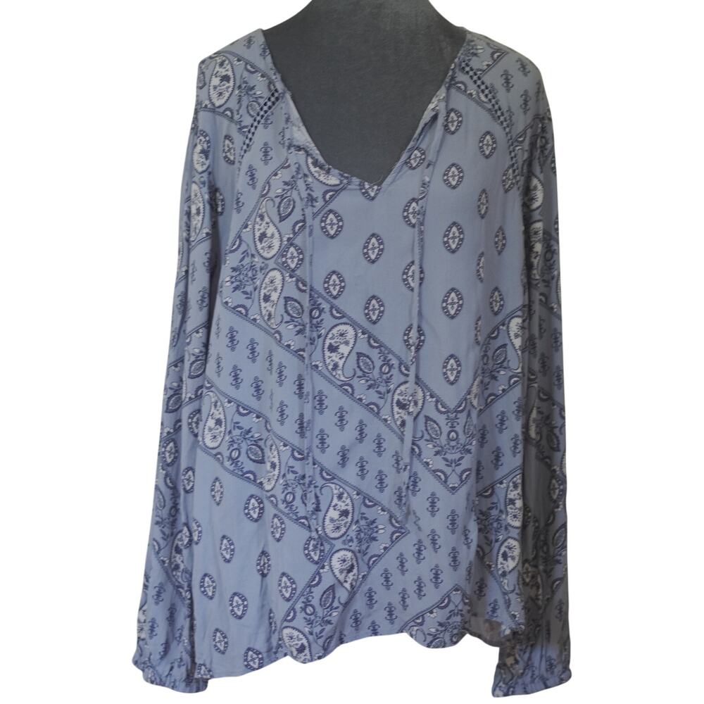 COMO Vintage Blue Paisley Peasant Blouse Women's 2X Boho Long Sleeve Rayon Top